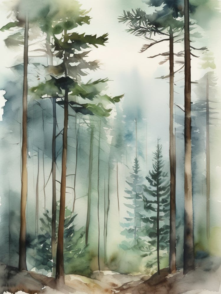 Appalachian Mountains of Misty Pines Watercolor Print of Evergreen Forest..121