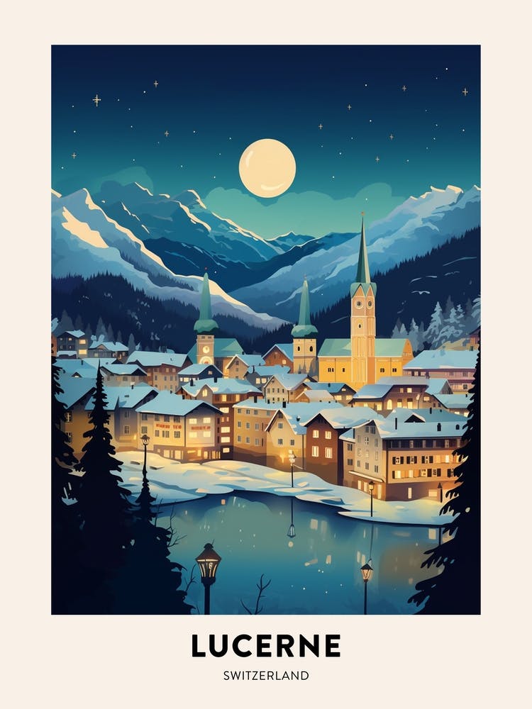 Winter Night  Travel Poster Lucerne Switzerland 3