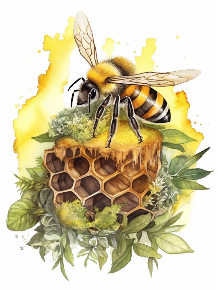 Honeycomb Bee Beehive Watercolour Illustration 1