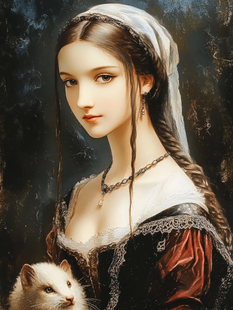 Painting of Lady Renaissance Woman With An Ermine By Leonardo Da Vinci