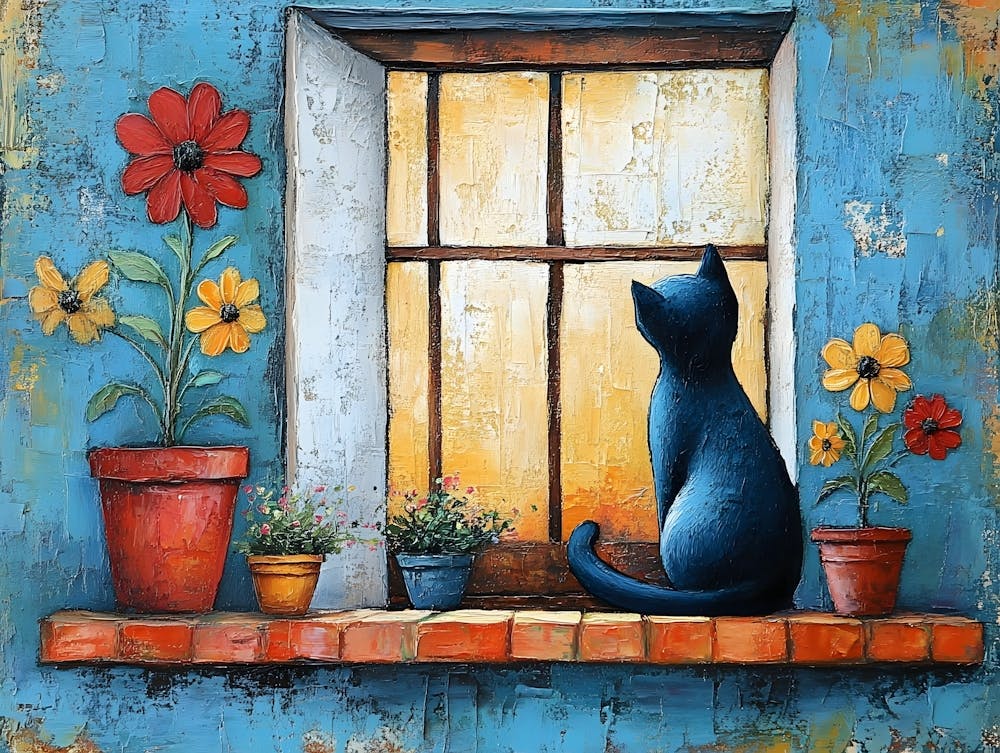 Cat In Window With Flowers 5