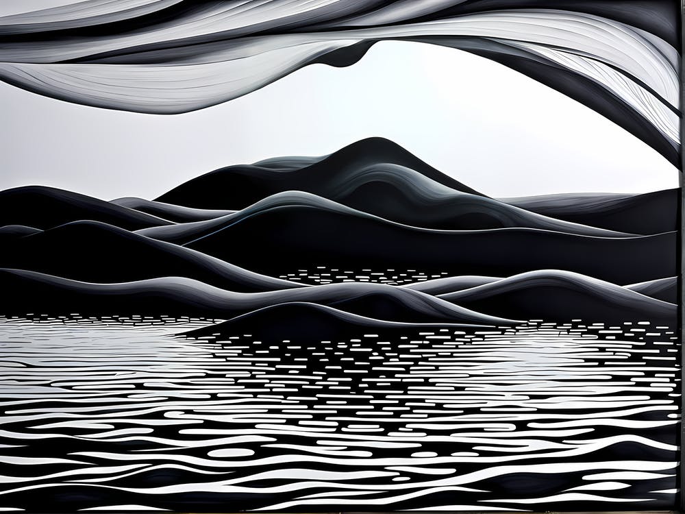 Abstract Painting, black and white monochromatic art, abstract landscape