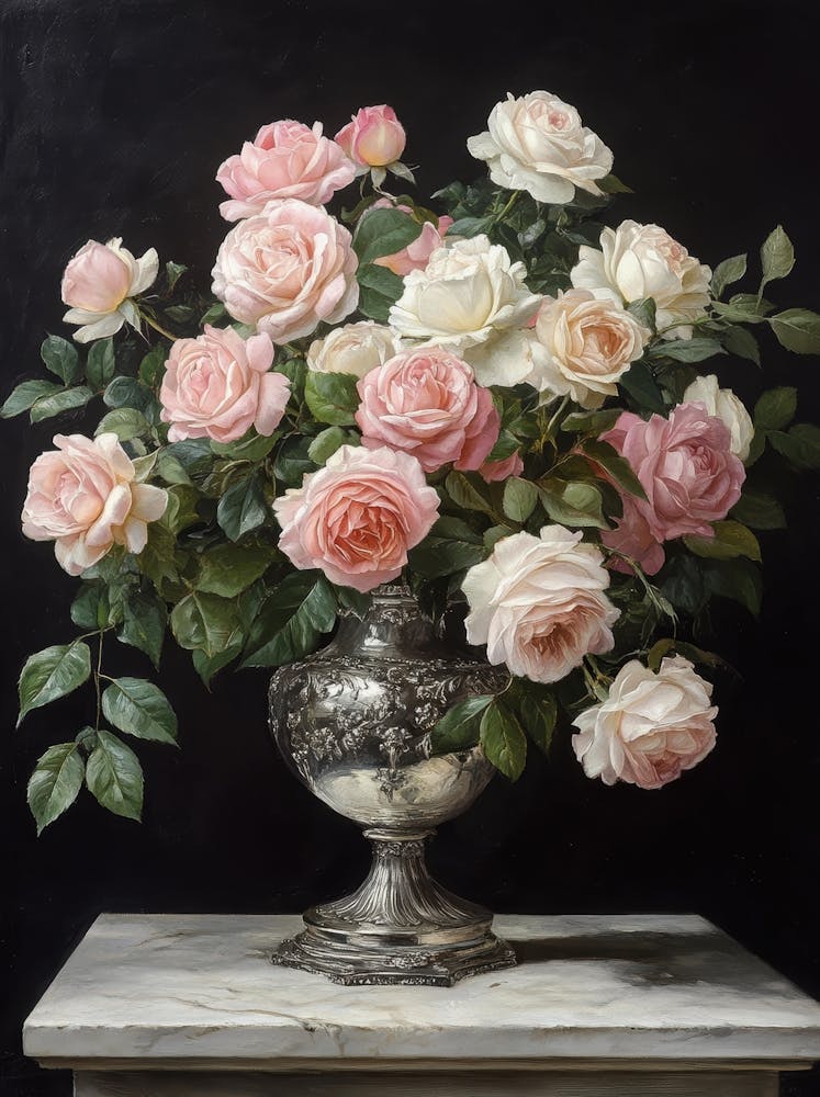 Roses Dans Un Vase Argenté