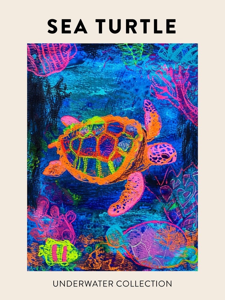 Neon Underwater Sea Turtle Poster 2