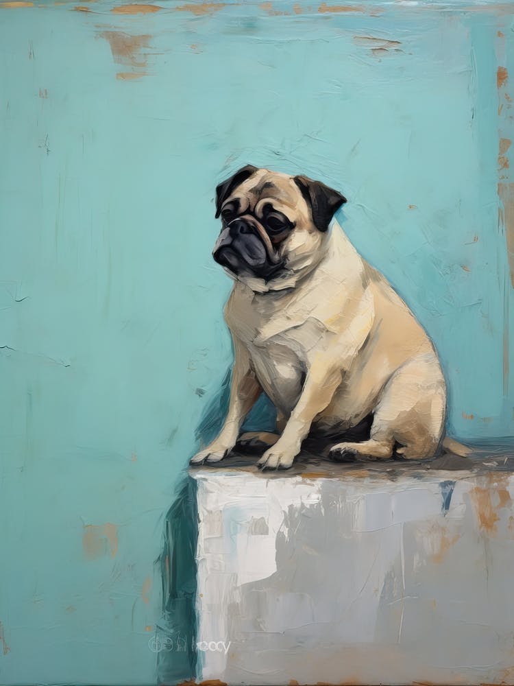 Pug Dog, Painting In Light Teal And Brown 0