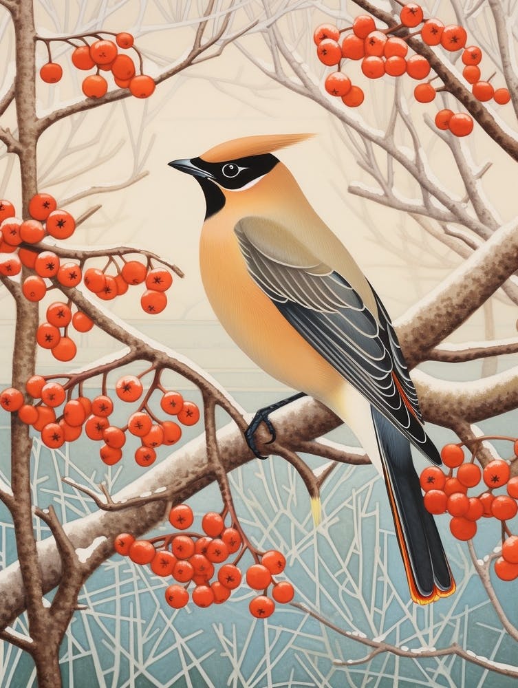Peinture d'oiseau hivernal Jaseur des cèdres 4