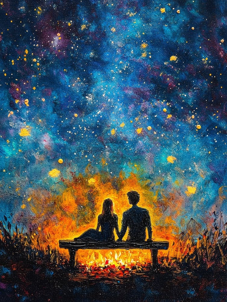 Young Couple In Love Holding Hands Sitting On Bench Near Bonfire Fire In Beautiful Night Starry Sky