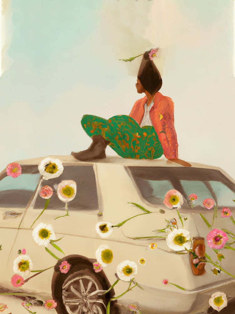 Woman Sitting On Car Roof With Flowers