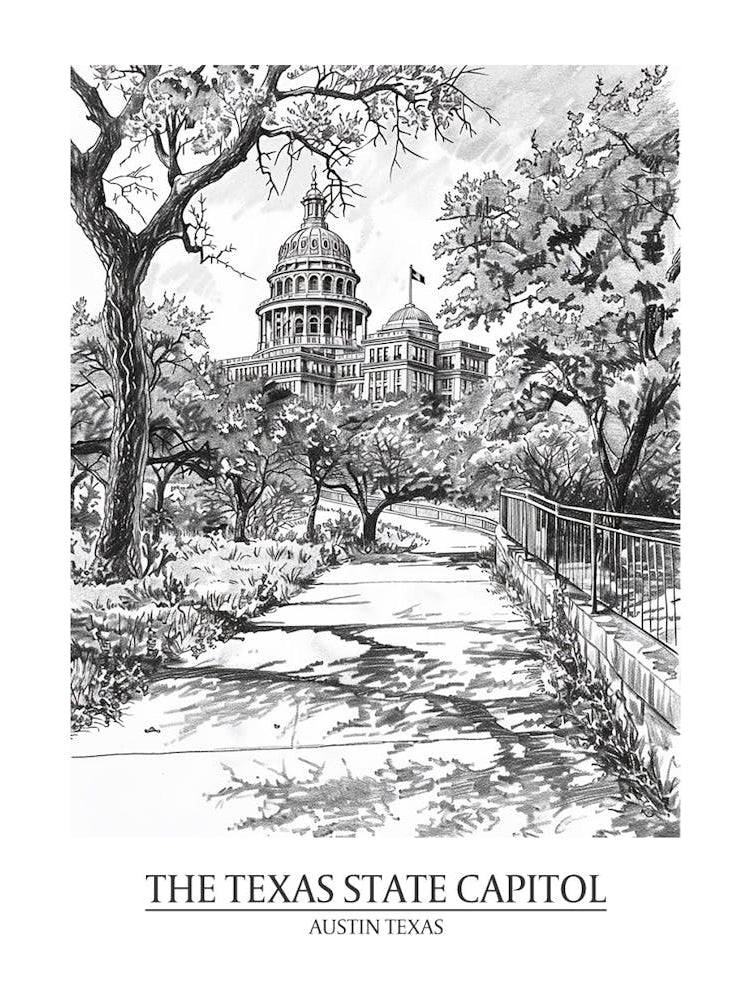 The Texas State Capitol Austin Texas Black And White Drawing 1 Poster