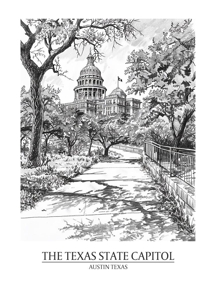 The Texas State Capitol Austin Texas Black And White Drawing 1 Poster