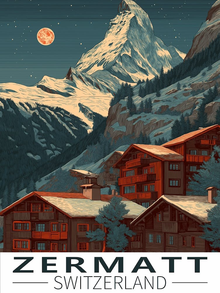 Zermatt Matterhorn Vintage Travel Poster – Retro Alpine Landscape & Chalet Art