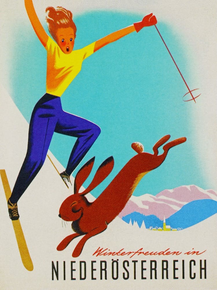 Woman Skier and Rabbit Vintage Ski Poster