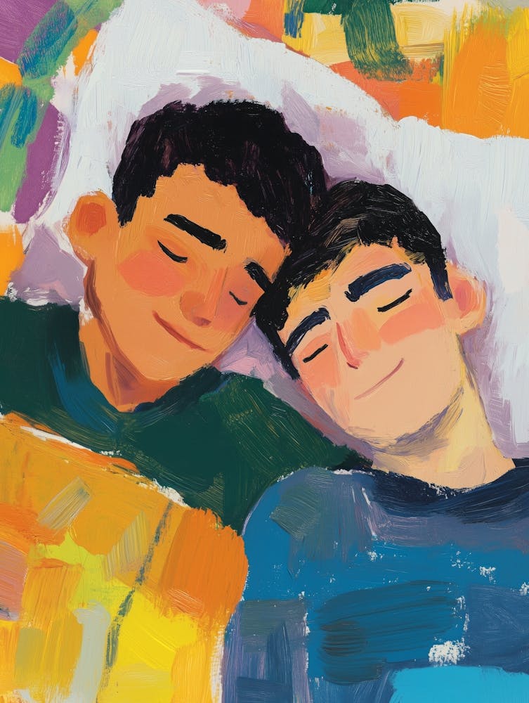 Two Guys Sleeping Gouache Painting