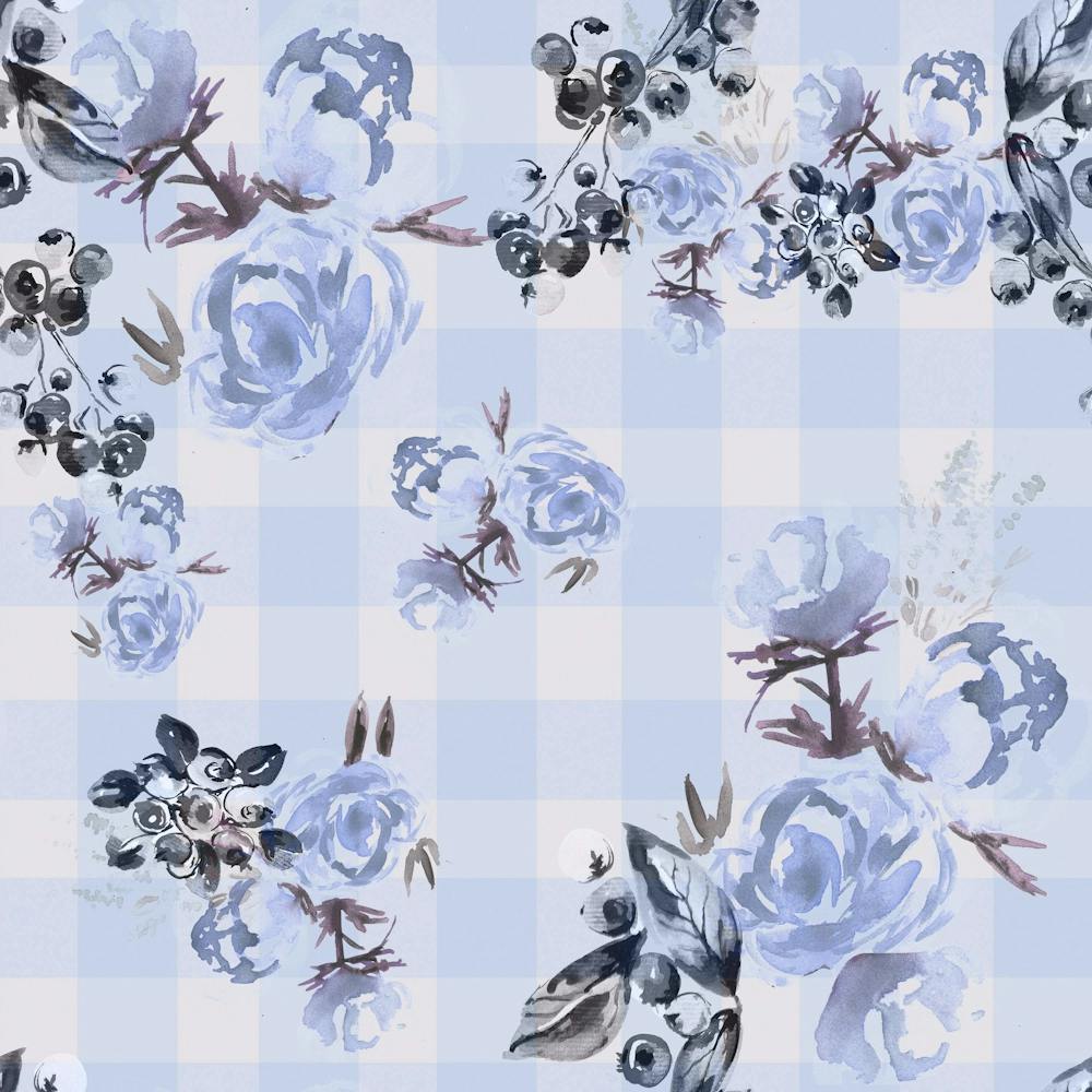 Gingham Ditsy Watercolor Flowers Blue Blueberries