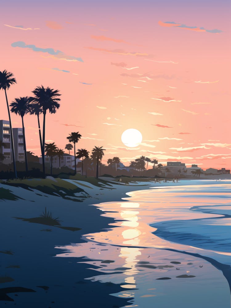 Illustration Of Gulfport Beach Mississippi In Pink Tones 3