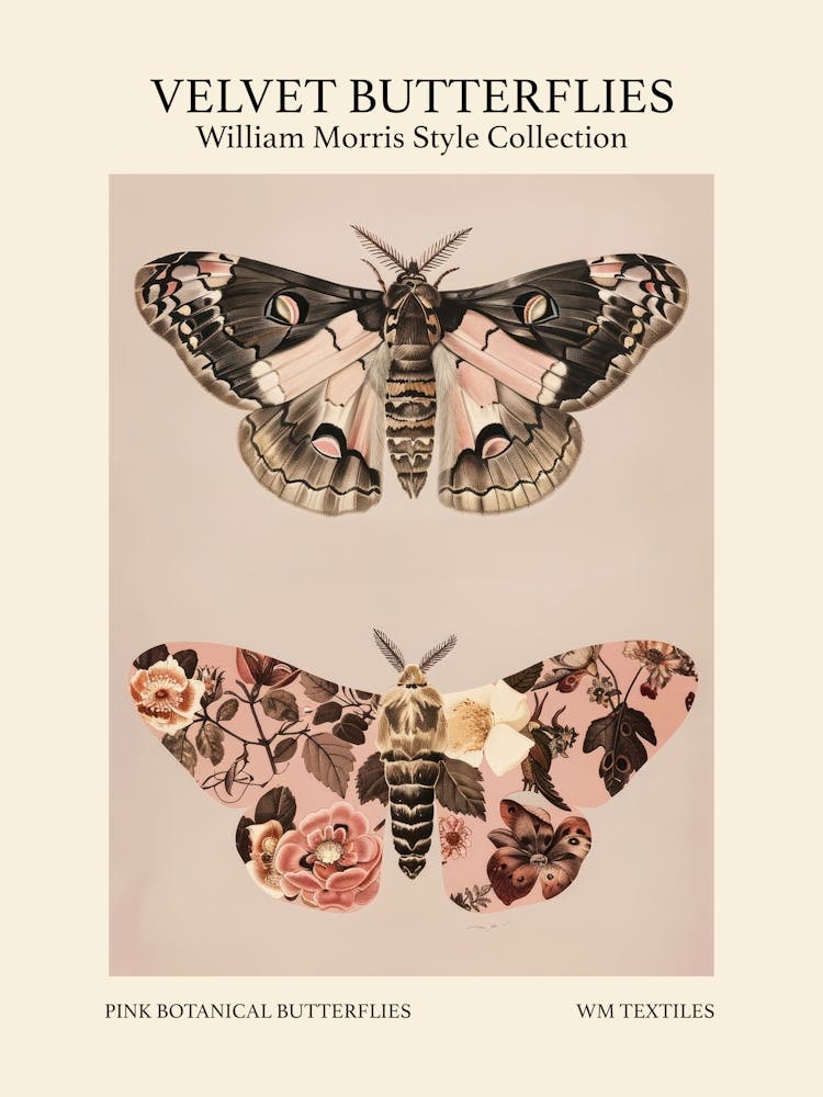 Velvet Butterflies Collection Pink Botanical Butterflies William Morris Style 8