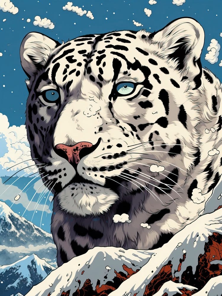 Snow Leopard Animal Drawing In The Style Of Ukiyo E 4