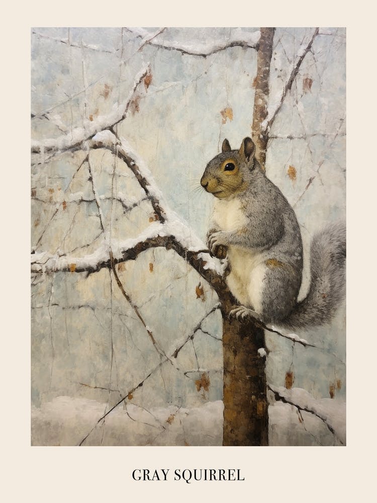 Vintage Winter Animal Painting Poster Gray Squirrel 2