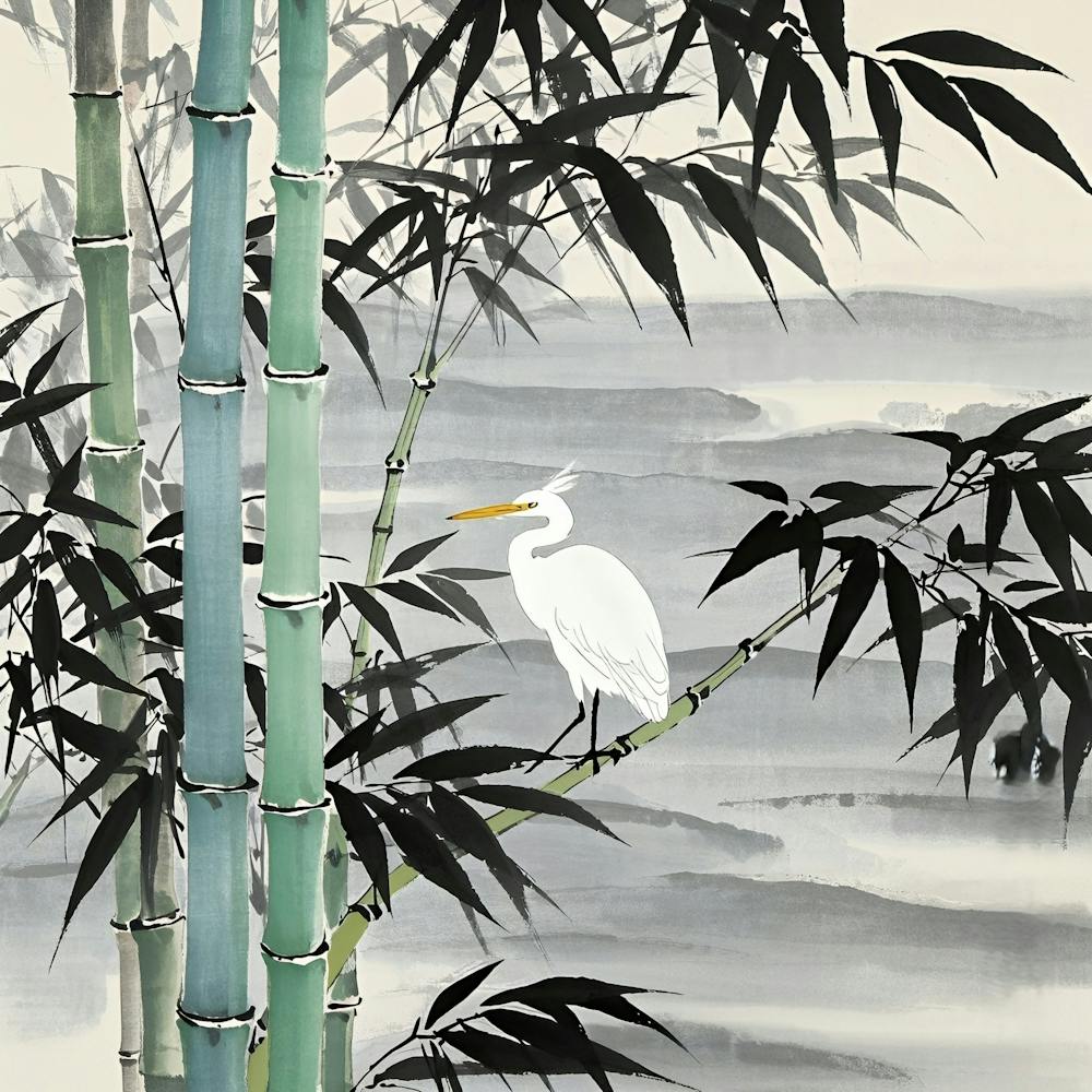 White Egret On Bamboo