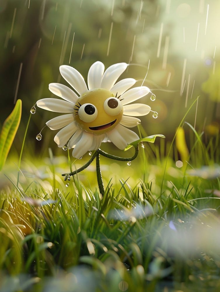 A Beautiful White Daisy, Cartoon, Big Oversized Eyes, Cheeky Grin, Adorable, Cute, Standing In The Long Grass, Holding Out Leaves To Catch The Odd Raindrops, High Resolution, 3d