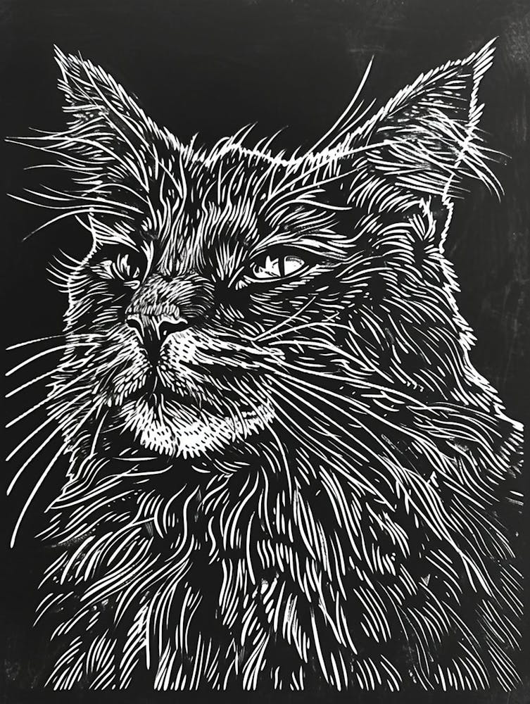 Maine Coon Linocut Blockprint 8