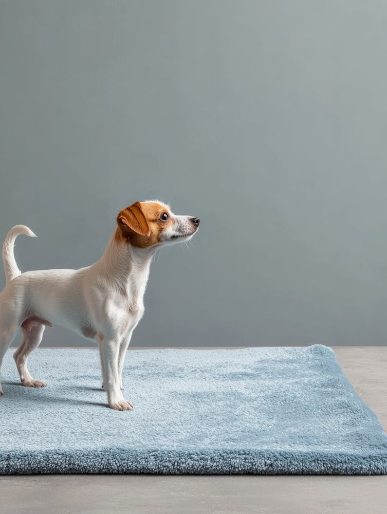 Small Dog Standing On A Blue Rug. Generated AI.