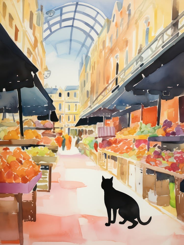 Food Market With Cats In Lyon 2 Watercolour