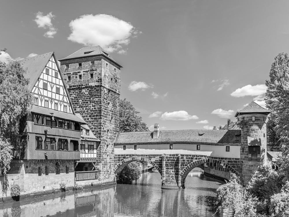 Nuremberg Germany, view of the historic old town with bridge, Weinstadel and Henkerturm tower