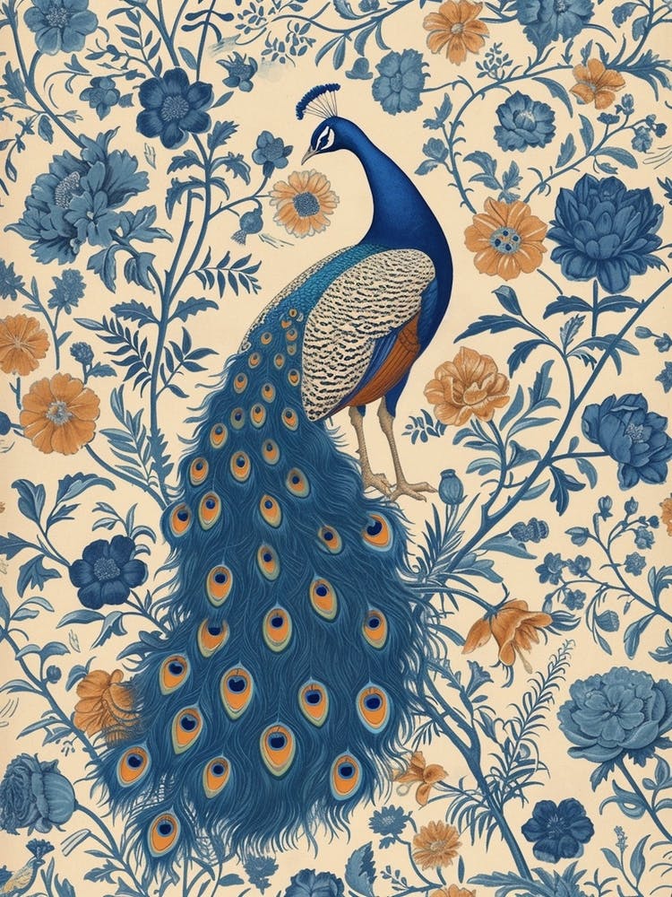 Floral Blue & Brown Peacock