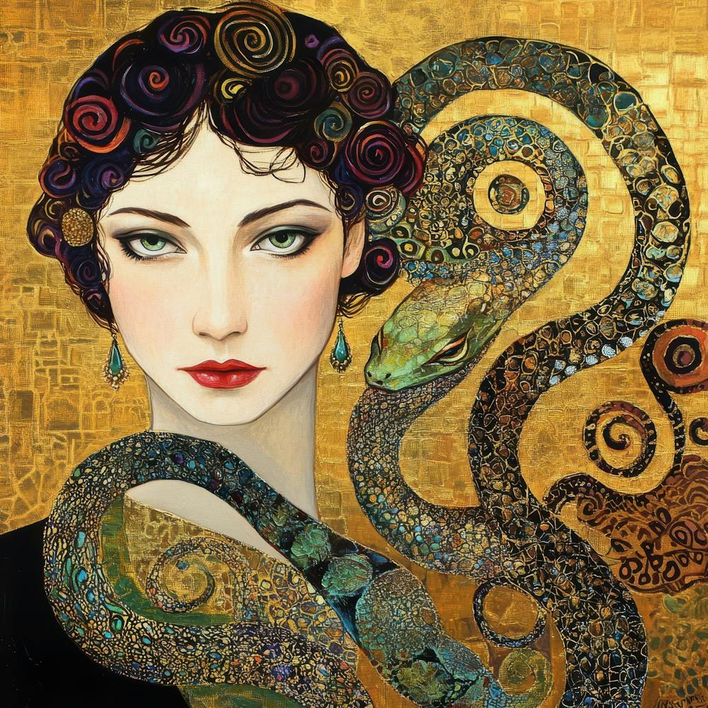 Woman With Coiled Serpent Klimt Inspired