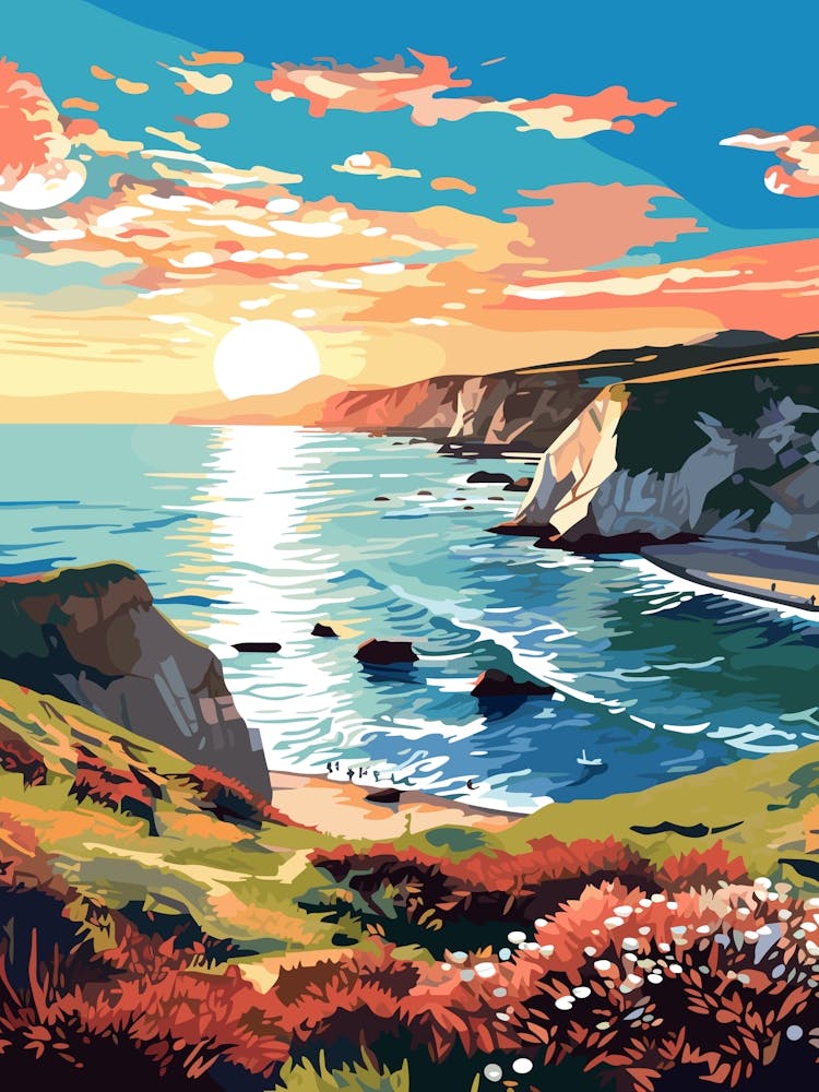Lulworth Cove Beach Dorset At Sunset Vibrant Painting 2