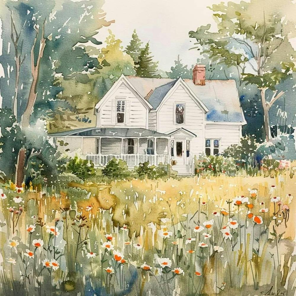 The Farmhouse and Summer Flowers Meadow Watercolor~ Americana Vintage Wholesome Art Decor | Dreamy Idyllic