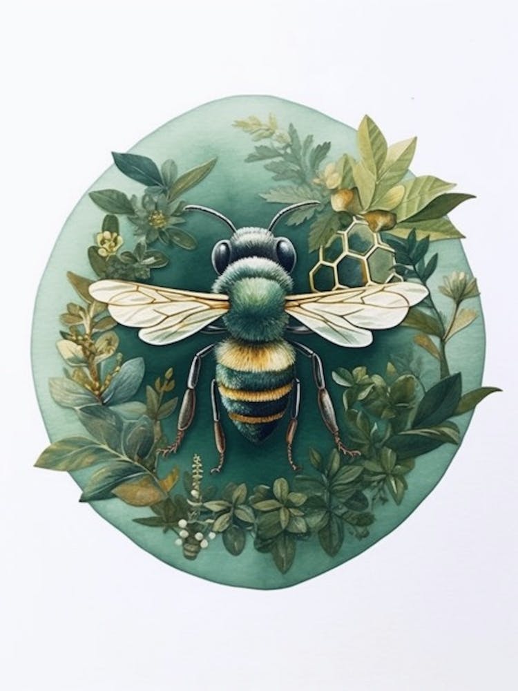 Metallic Green Sweat Bee Beehive Watercolour Illustration 3