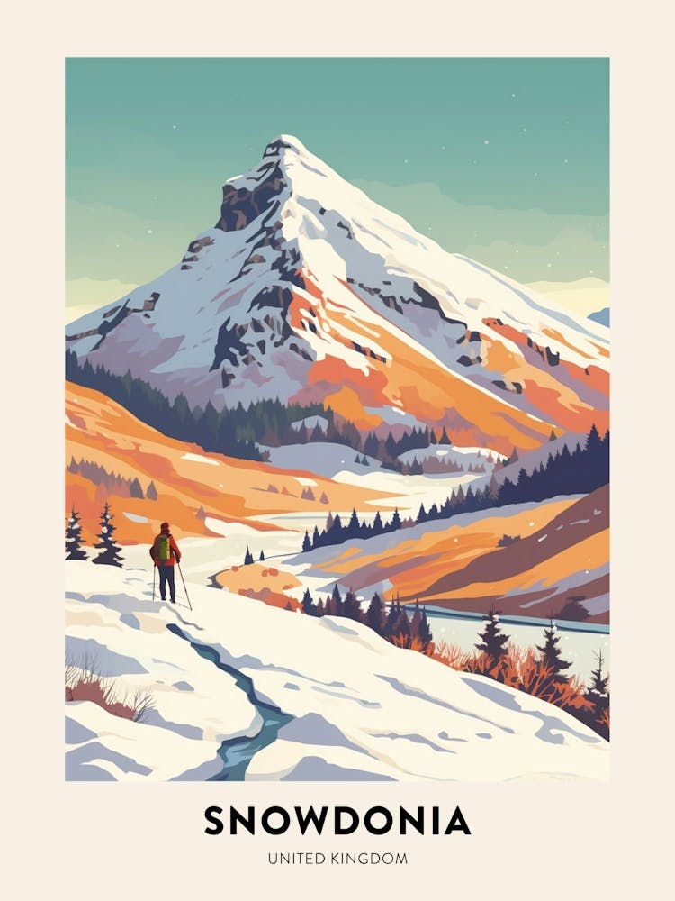 Vintage Winter Travel Poster Snowdonia National Park United Kingdom 1