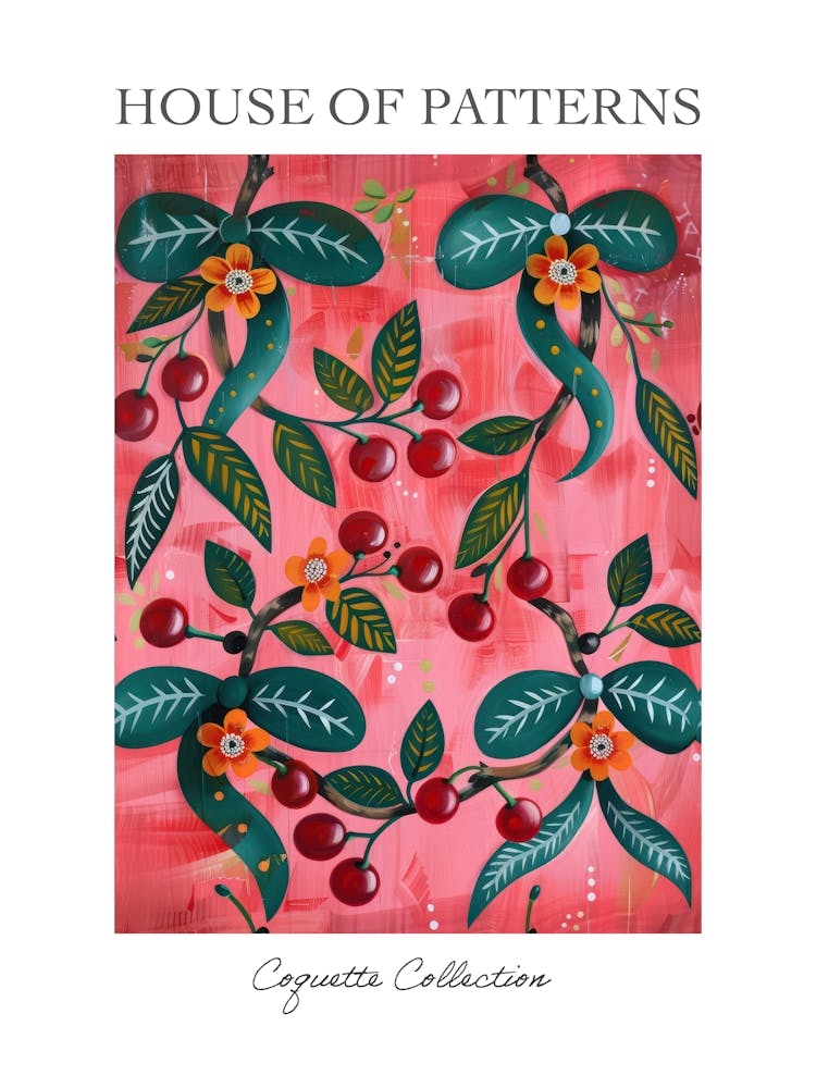 Folk Cherries And Bows 1 Pattern Poster