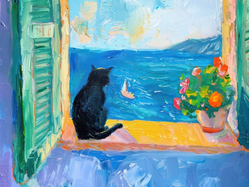 Cat Black On A Window Beach Matisse Style