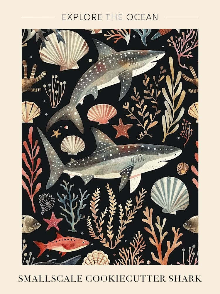 Smallscale Cookiecutter Shark Seascape Black Background Illustration 1 Poster