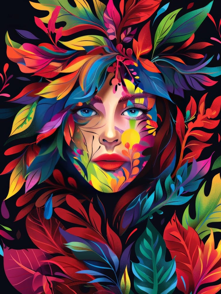 Femme Colorée aux Feuilles