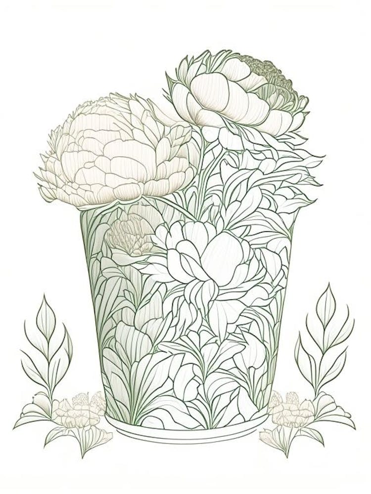 Container Of Peonies In Garden 2 Drawing