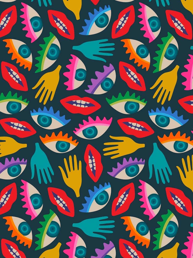 DISEMBODIED Surrealism Eyes Mouth Lips Hands in Rainbow Brights