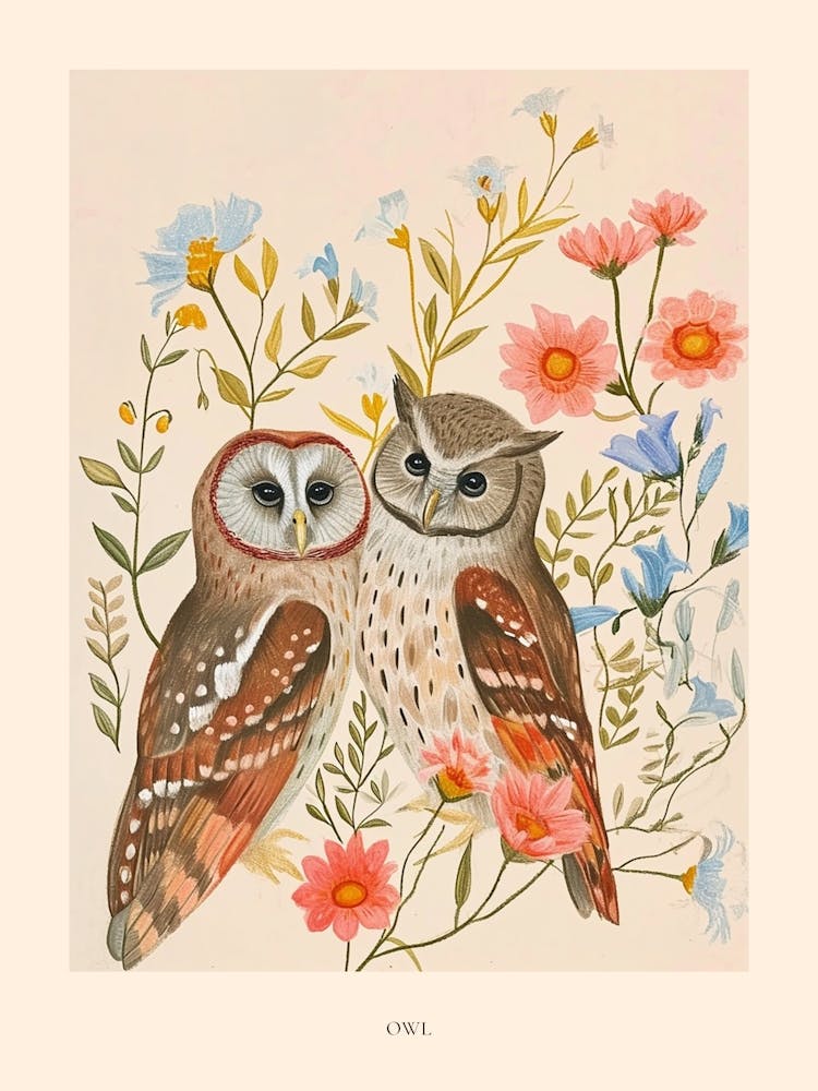 Folksy Floral Animal Drawing Owl 3 Poster