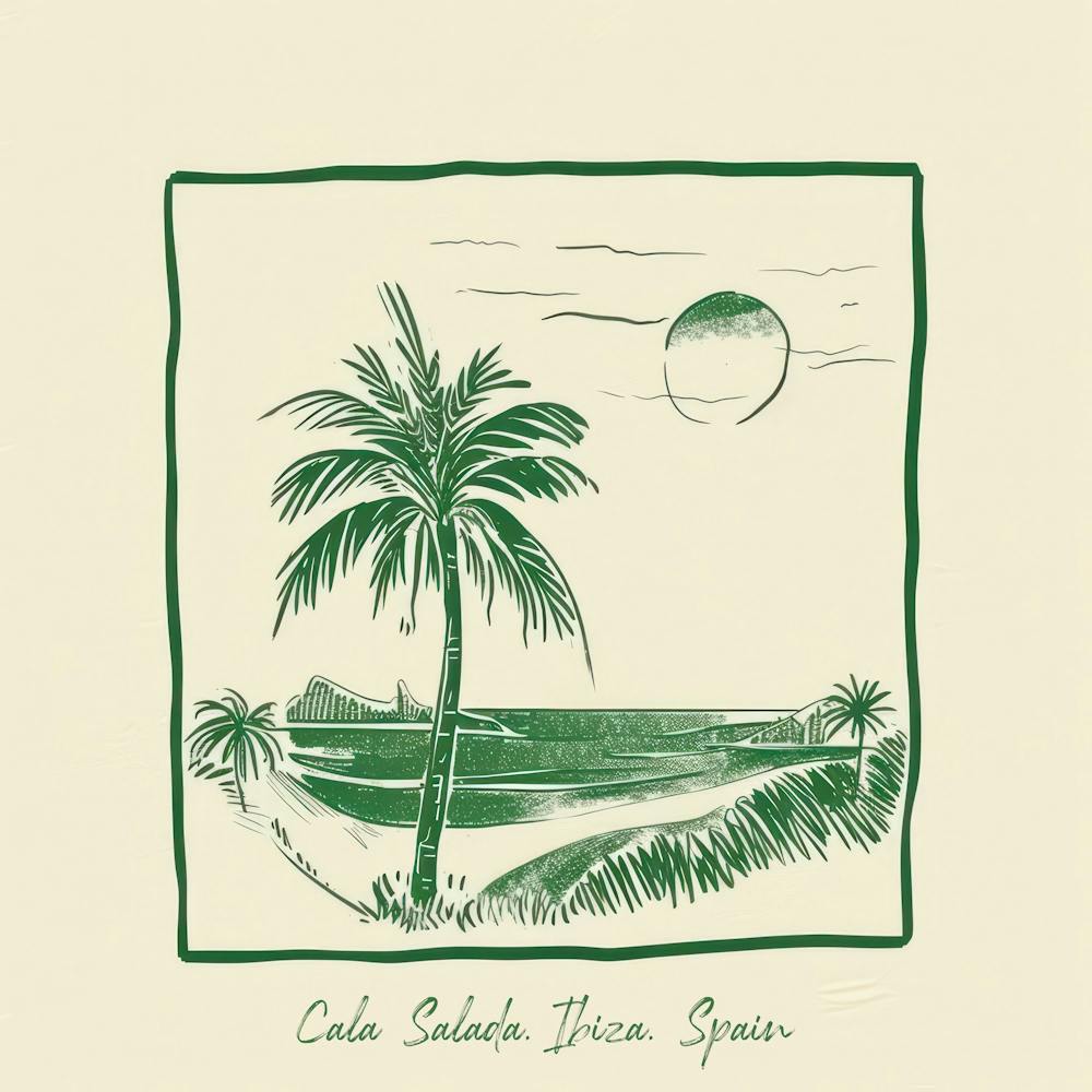 Cala Salada, Ibiza, Spain Green Line Art Illustration
