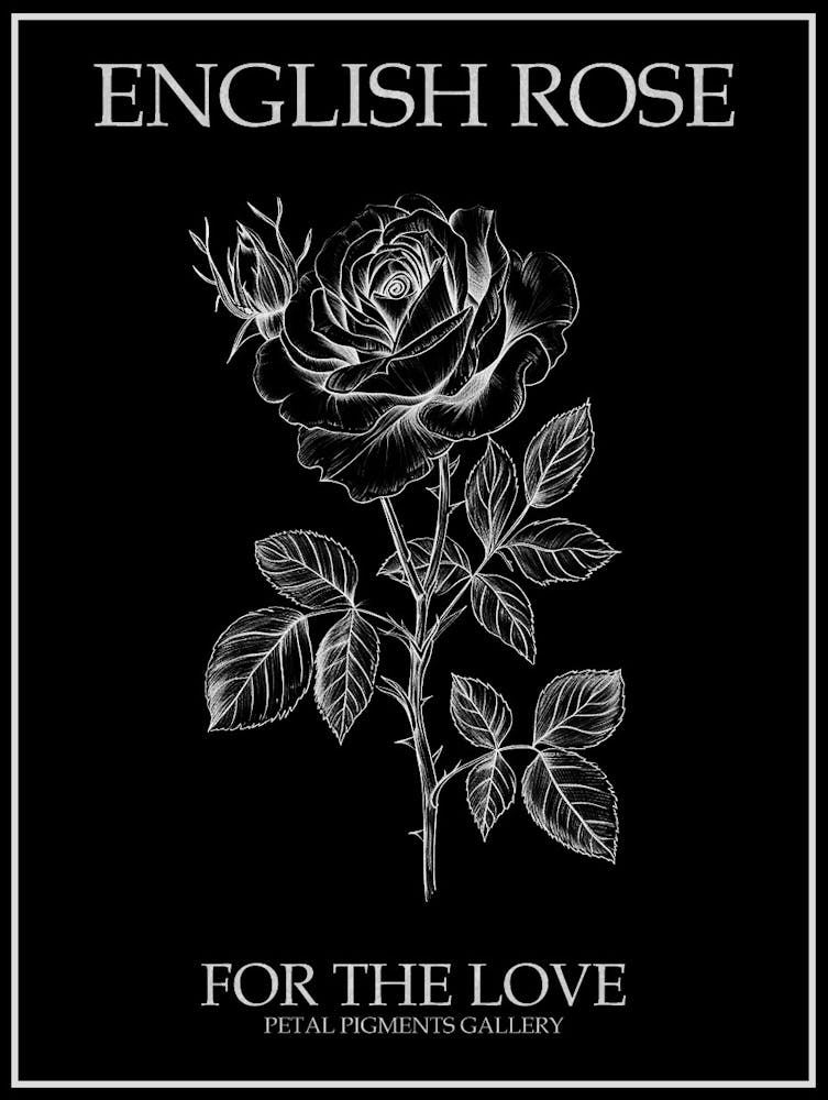 English Rose Black And White Line Drawing 25 Poster Inverted