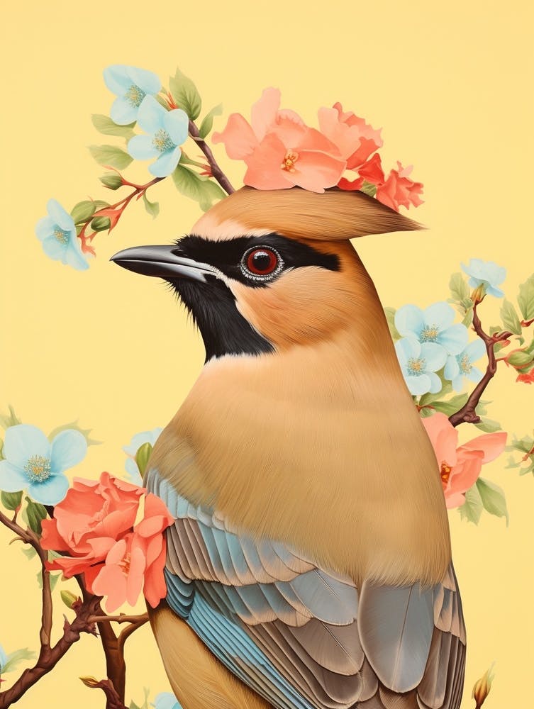 Vogel mit Blumenkrone Zedernseidenschwanz 1