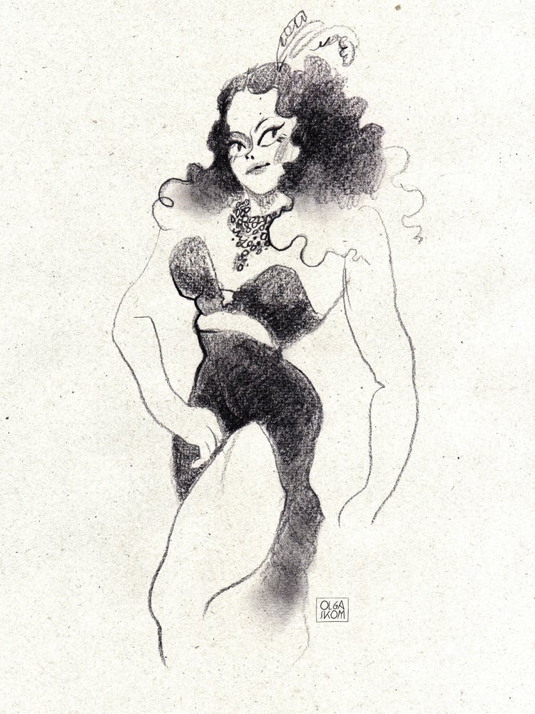 Hand pencil drawing of burlesque gorgeous woman