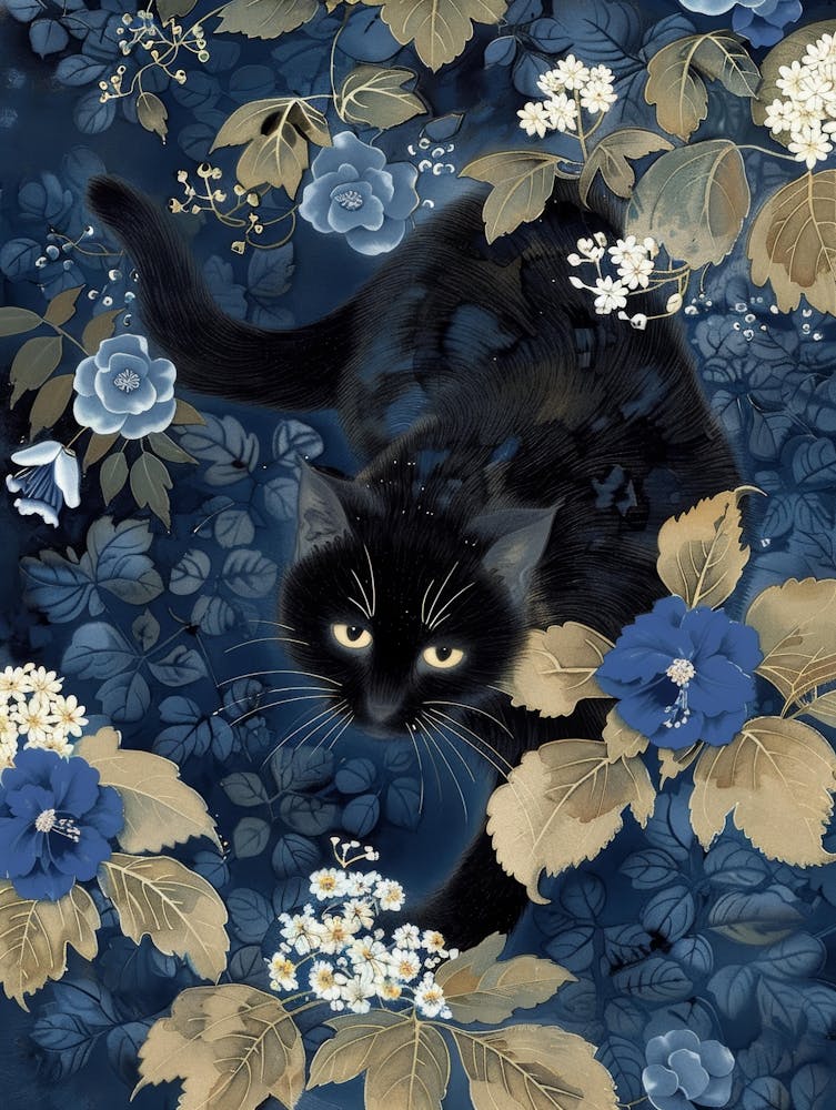 Schwarze Katze in blauen Blumen 9