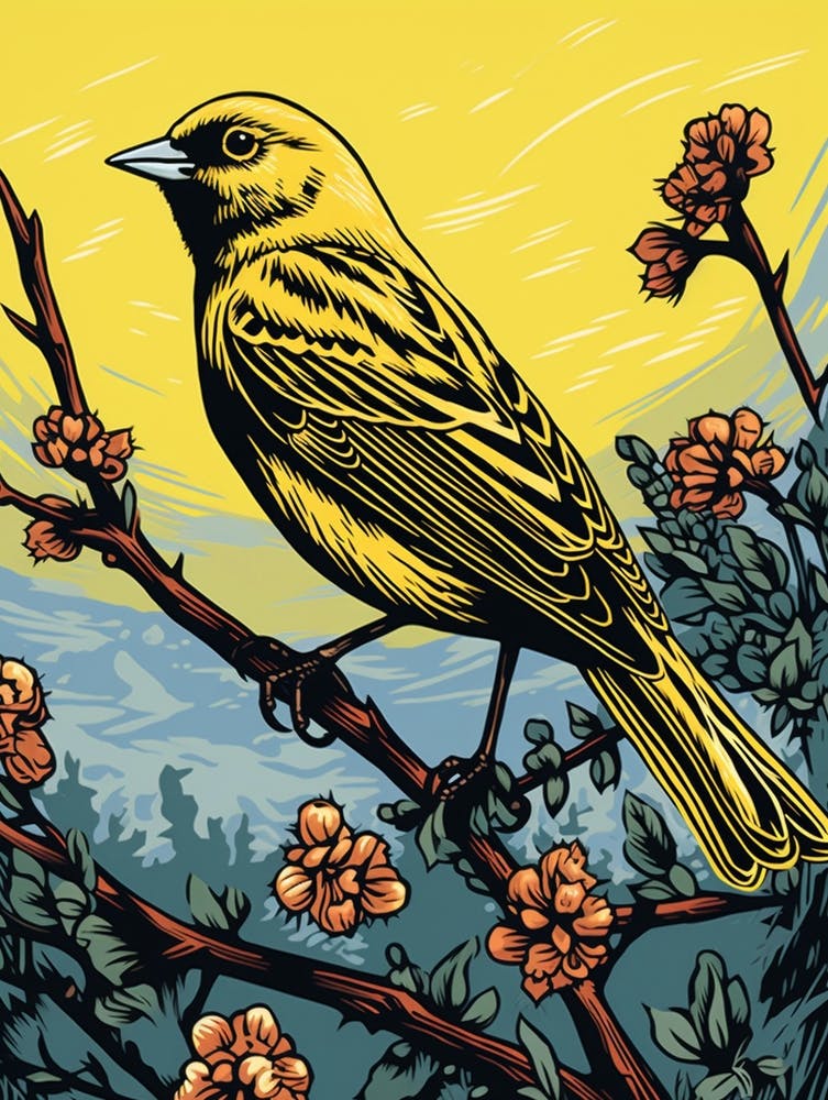 Linogravure d'oiseau vintage Bruant jaune 3