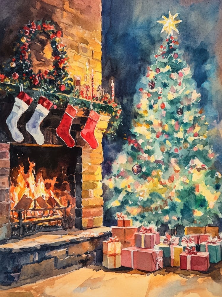 Christmas Tree By The Fireplace. Watercolor