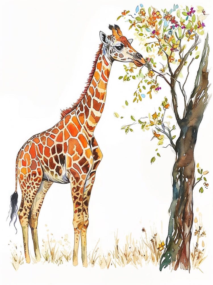 Giraffe By The Tree Watercolour 1