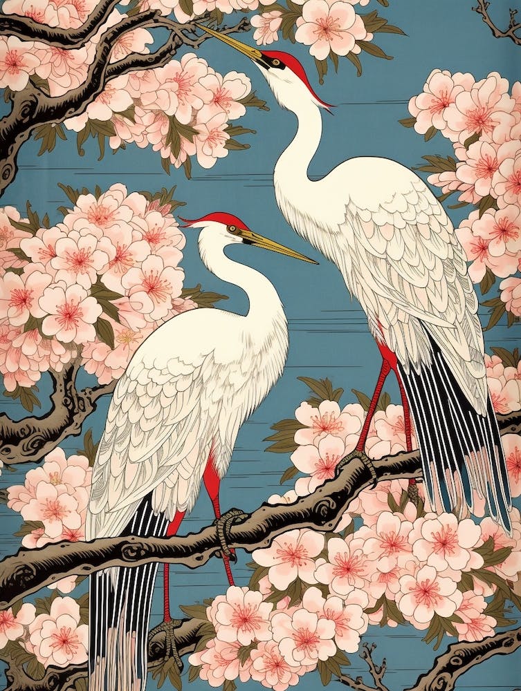 Cherry Blossom And Cranes 4 Vintage Japanese Botanical